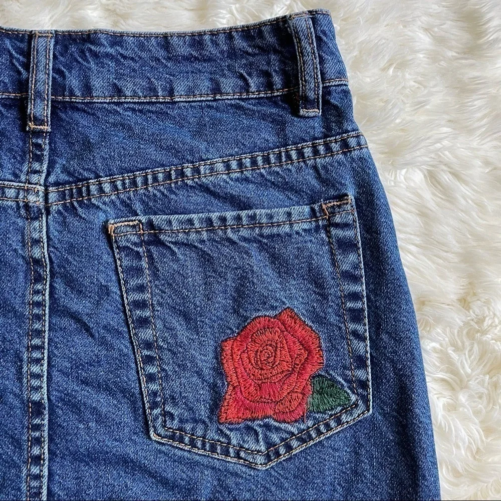 Zara Skirt Rose Flower Embroidered Denim Button Front Mini Blue Red XS